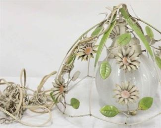 588 - Vintage metal hanging swag lamp with flowers 17" diameter
