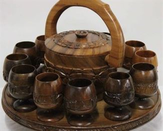 589 - Vintage monkey pod icebucket, stems & tray 14 pieces total, lazysusan tray 17"
