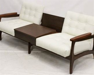 600 - Vintage mid century settee with center console lift top table in center tufted cushions 28 x 77 x 26
