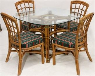719 - Vintage rattan table & 4 chairs, glass top table 29 x 42 x 42 chair 36 x 17 x 18
