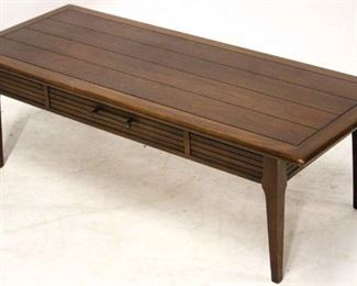 731 - Vintage mid-century coffee table with faux drawer 15 x 47 1/2 x 20
