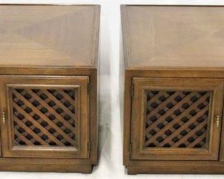 732 - Matched pair mid-century end table w/ doors on hidden rollers lattice inset double front doors 18 1/2 x 28 x 28
