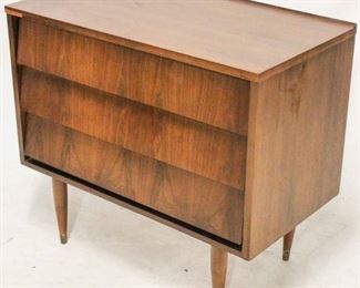 733 - Mid-century louvered front 3 drawer walnut chest 30 x 34 x 18 some veneer chips
