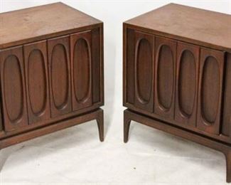 738 - Matching pair mid-century walnut bedside stands one door construction, shelf inside 25 x 24 x 16 more wear on top of one
