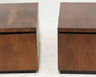 756 - Pair mid-century square tables, chrome detail 19 x 30 x 30 doors on one could use adjusting general wear from normal use
