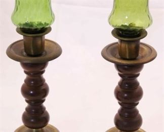 1008 - Vintage pair candlesticks with green glass tops 13.5 tall
