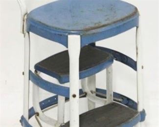 1032 - Vintage blue & white kitchen stool 36 tall x 14 wide x 11 long
