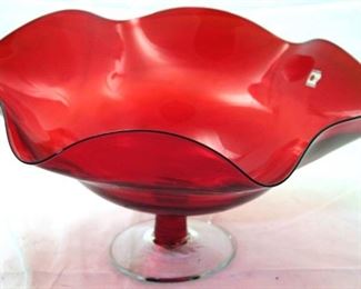 1066 - Vintage Blenko red footed bowl, with sticker 7.5 tall x 10 diameter

