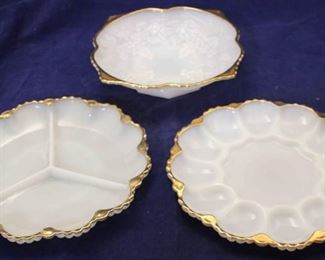 1100 - 3 Milk glass serving dishes, gold rim 10 diameter
