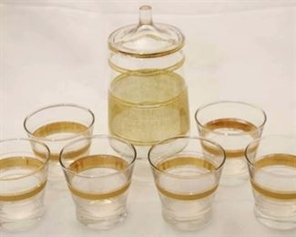 1108 - Vintage overlay jar w/ 6 bar glasses 8.5 tall
