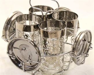 1147 - Kimiko 9 pc vintage drinks caddy 4 highball tumblers 4 coasters caddy 9" tall
