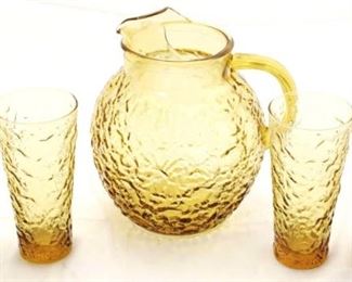 1148 - Amber Lido Milano ice lip pitcher & 4 glasses 9.5 tall, 6.5 tall
