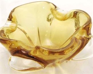 1150 - Amber / butterscotch cased Murano glass dish 3.5 tall x 7 long x 7 wide
