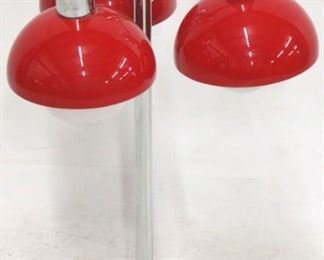 1177 - Vintage chrome 3 arm table lamp, red shades 28 tall
