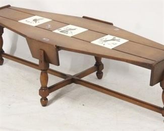 786 - Vintage coffee table with inset ceramic tiles One tile is broken, takes a standard 6 x 6 tile 16 x 55 1/2 x 19 1/2
