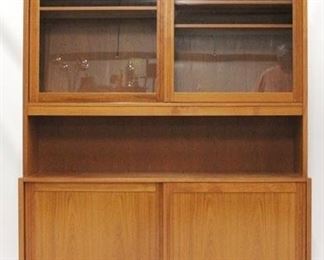 800 - Danish teak 2 part hutch, sliding doors 75 1/2 x 60 x 16 lighted step back design
