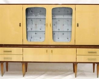 803 - Danish mid-century laminate 2 part hutch 56 1/2 x 81 x 14 starburst overlay on glass doors has keys tufted satin upholstered back two tone veneer, brass cap legs some veneer has peeled, needs to be reglued
