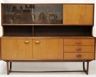 805 - Danish mid-century teak hutch with bar 49 1/2 x 64 1/2 x 17 drop down bar, sliding glass doors repairs to base