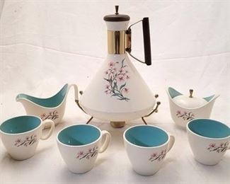 1203 - Vintage atomic chocolate set tankard with warmer, creamer, covered sugar, 4 mugs
