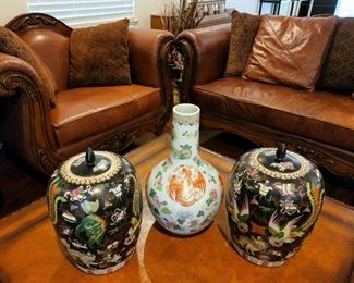 Antique Chinese Vases & Leather Chairs