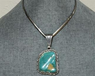 Sterling Silver & Turquoise Pendant Choker Necklace 