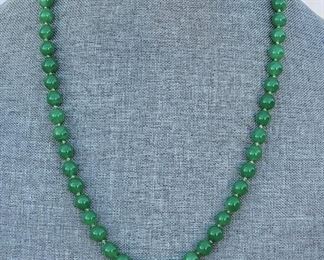 Green Jade Hand Knotted Strand Necklace w/ Gold Clasp 