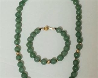 Green Jade with 14k Yellow Gold Necklace and Bracelet Set