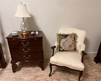 Pair of Baker Furniture bedside tables and upholstered arm chair