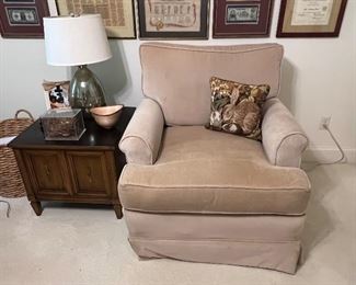 Velvet upholstered chair, vintage end table