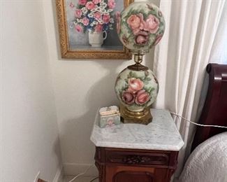 Walnut cabinet with marble top, Gone with the wind Victorian lamp