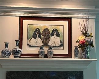 Original watercolor of 3 dogs, blue and white porcelain