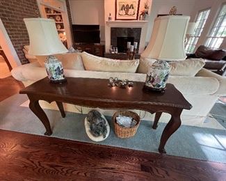 French Provincial Style Oak Sofa table. Pair of tobacco leaf lamps