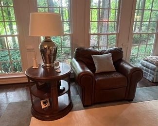 Ethan Allen table, large leather club chair