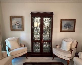 Century Furniture Claridge Collection Curio Cabinet, pair of Bergere chairs