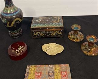 B204 Cloisonn Vase Lidded Box Candle Holders