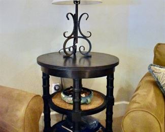 Tiered side table with rattan shelves