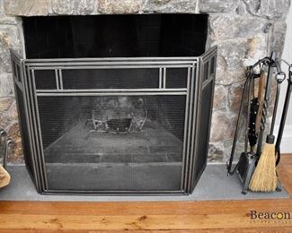 Fire screen and wrought iron fireplace tools