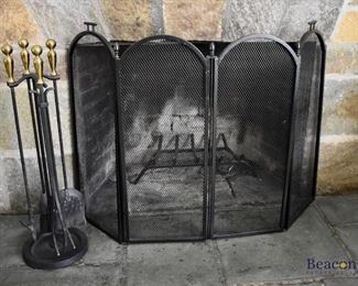 Fireplace screen and brass and iron fireplace tools