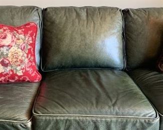Ethan Allen Green Leather Sofa with Throw Pillows