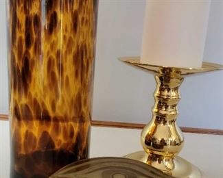 Hand Blown Vase, Trinket Box, and Brass Candleholder