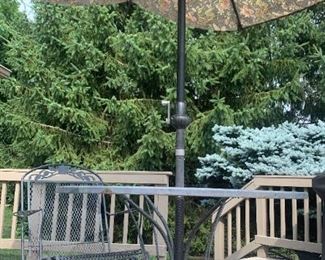 Iron Patio Table with One Matching Chair, Black Floral Umbrella, and Stand