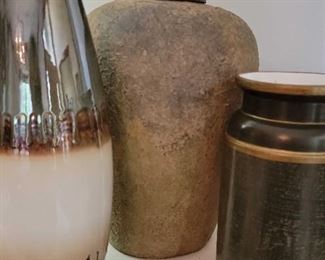 Lidded Pottery Jar and Two Ceramic Vases