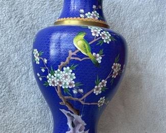 SOLD Asian Blue Cloissine Vase with flowers and birds 