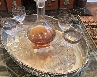 Stemware, decanter, and oval serving tray