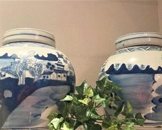 Blue & white urns with lids