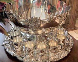 WOW! Lovely silverplate punch bowl, ladle, cups, and underplate
