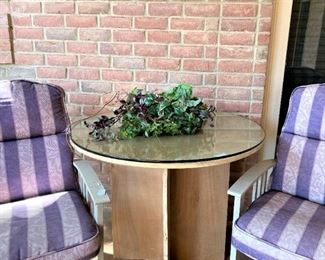 Purple striped patio chairs; wooden accent table & glass top