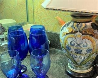 Blue stemware; darling lamp (hand-painted in Italy)