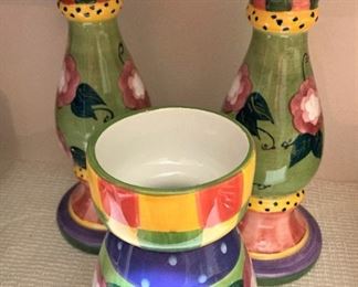Hand-painted candleholders and vase