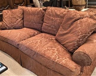 Rust Damask sofa with rolled arms & 2 pillows  